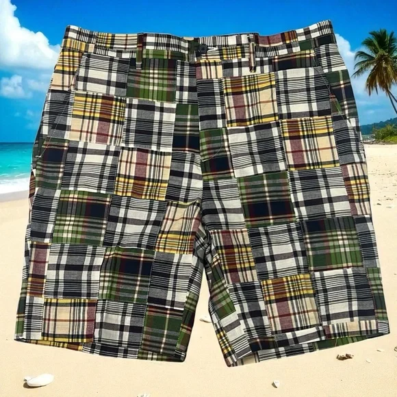 NWT Madras Bermuda Shorts India Cotton Plaid Patchwork Preppy Mens 40 P Fredrick - Picture 1 of 8